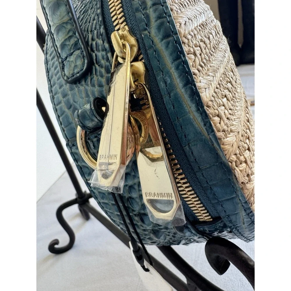 Brahmin Mantle Lane Lagoon Straw Circle Blue Green Leather Crossbody NEW